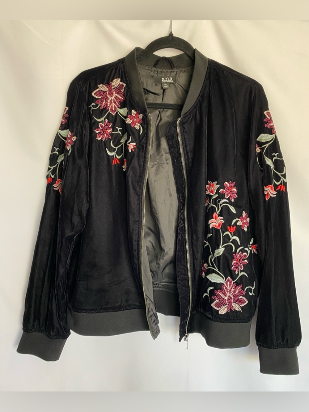 a.n.a Black Velvet Bomber Jacket with Pink Floral Embroidery